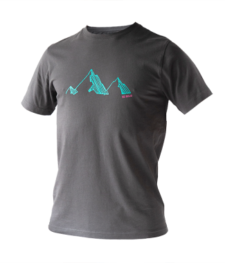 SO SOLID dark gray T-shirt for men with torquoise mountain chest print - organic cotton with rib neck