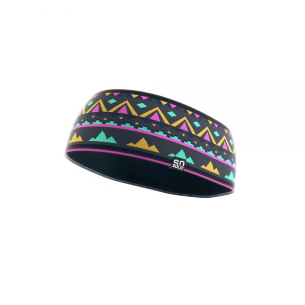 SO SOLID headband with native print in gray with pink and turquoise details made from recycled fisher nets