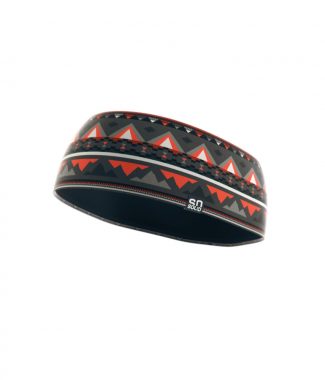 SO SOLID headband with native print in gray and red made from recycled fisher nets