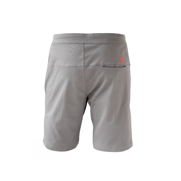 back view of gray Rock shorts for climbing with stretch panel in native pink
