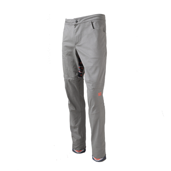Rock pants in gray for climbing with stretch panel in native red and zip pocket above knee