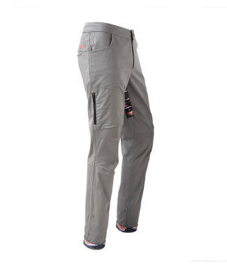 Rock pants in gray for climbing with stretch panel in native red and zip pocket above knee