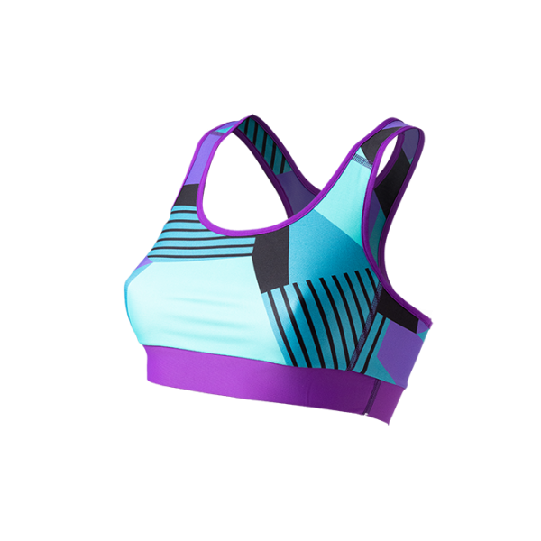 SO SOLID front view of reversible sports bra in turquoise with native pattern tortoise geometric pattern - made out of recycled nylon