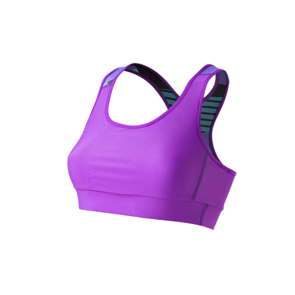 SO SOLID front view of reversible sports bra in violet with native pattern tortoise geometric pattern - made out of recycled nylon