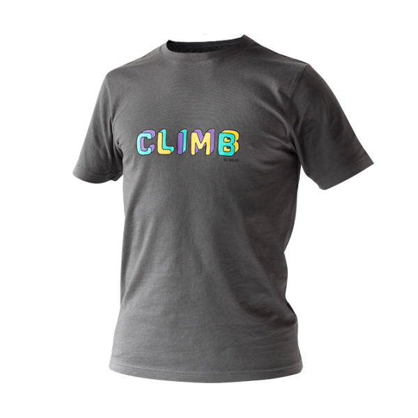 SO SOLID dark gray T-shirt for men with colorful climb chest print - organic cotton with rib neck