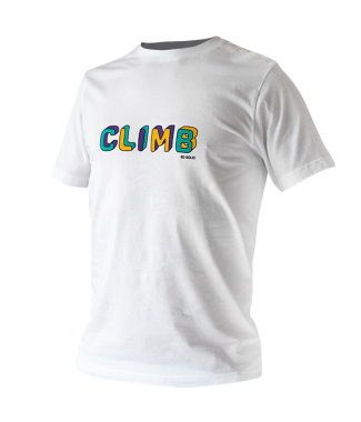 SO SOLID white T-shirt for men with colorful climb chest print - organic cotton with rib neck
