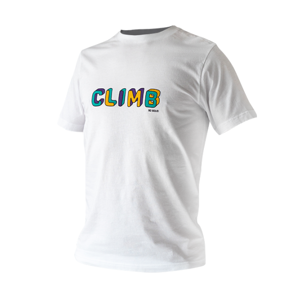 SO SOLID white T-shirt for men with colorful climb chest print - organic cotton with rib neck