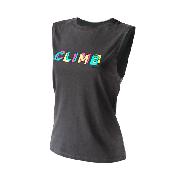 SO SOLID dark gray tank top with colorful climb print on chest - organic cotton and rip neck opening