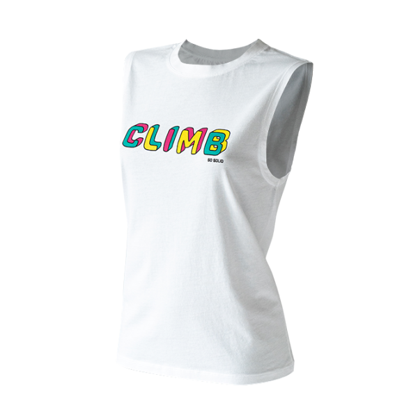 SO SOLID white tank top with colorful climb print on chest - organic cotton and rip neck opening